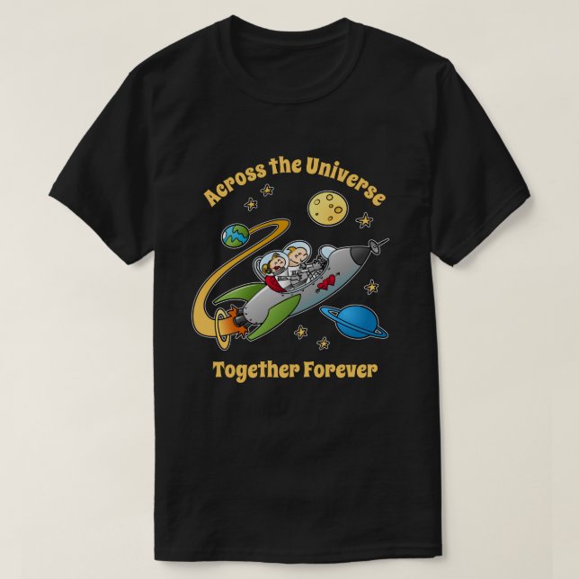 Together Forever Cosmic Love Journey Funny Cartoon T-Shirt (Design Front)