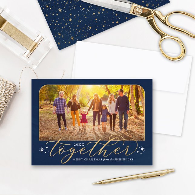 Together in 2025 Navy and Gold Family Photo Holiday Card (Creator Uploaded)