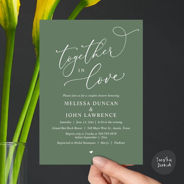 Together in Love, Romantic Couples Shower Party Invitation (Together in Love, Romantic Couples Shower Party Invitation Card PDF modern minimalist Sage Green)