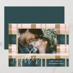Together Modern Green Pink Watercolor Plaid Photo Holiday Card