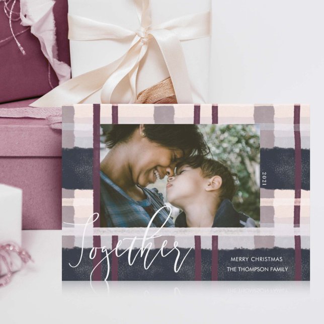 Together Modern Navy Purple Watercolor Plaid Photo Holiday Card (Creator Uploaded)