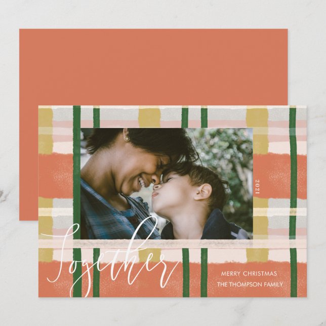 Together Modern Peach Green Watercolor Plaid Photo Holiday Card (Front/Back)