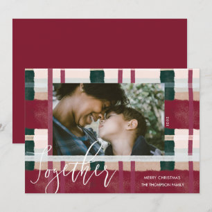 Together Modern Red & Green Watercolor Plaid Photo Holiday Card