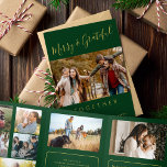 Together multi photo year in review Tri-Fold holiday card<br><div class="desc">Simple minimalist style Merry and Grateful together faux gold chic handwritten typography script family year in review 8 photo collage gallery dark green holiday card with your custom personalised text.</div>