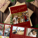 Together multi photo year in review Tri-Fold holiday card<br><div class="desc">Simple minimalist style Merry and Grateful together faux gold chic handwritten typography script family year in review 8 photo collage gallery dark red holiday card with your custom personalised text.</div>