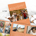 Together multi photo year in review Tri-Fold holiday card<br><div class="desc">Simple minimalist style Merry and Grateful together chic handwritten typography script family year in review 8 photo collage gallery orange apricot holiday card with your custom personalised text.</div>
