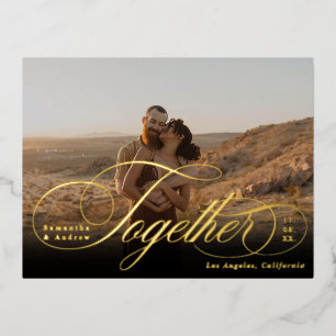 Together script elegant 2 photo gold save the date foil invitation postcard