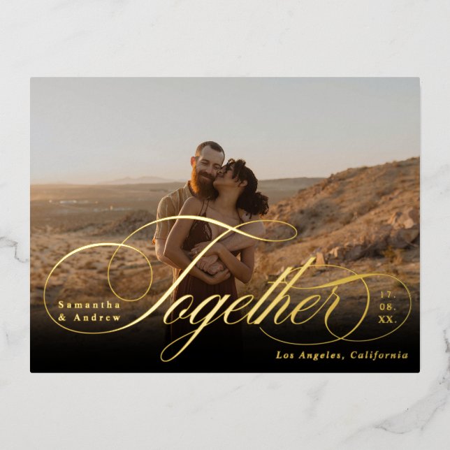 Together script elegant 2 photo gold save the date foil invitation postcard (Front)