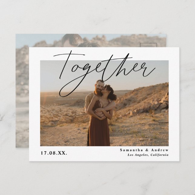 Together script simple 2 photos save the date postcard (Front/Back)