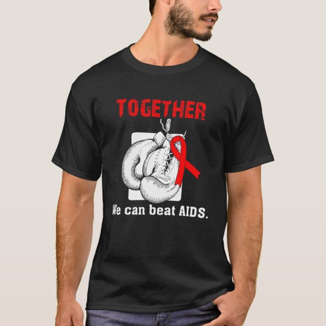 Together We Can Beat Aids Boxing Gloves Red Ribbon T-Shirt (Front)