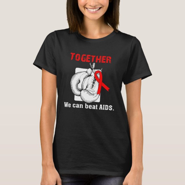 Together We Can Beat Aids Boxing Gloves Red Ribbon T-Shirt (Front)