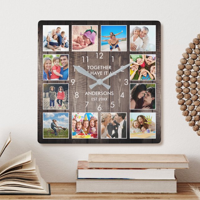 Together We Have It All Custom Photo Rustic Wood Square Wall Clock (Creator Uploaded)