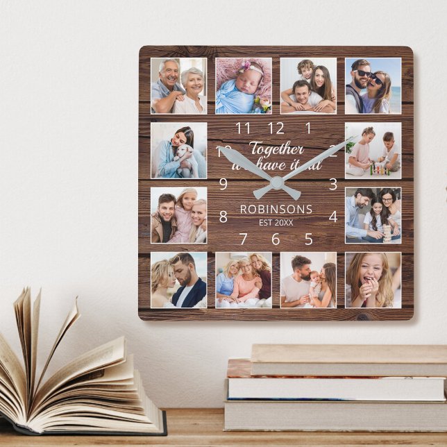 Together We Have It All Quote Family Photo Rustic Square Wall Clock (Creator Uploaded)