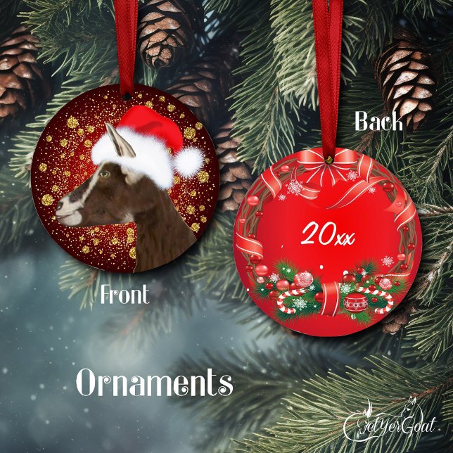 Toggenburg  Goat Santa Hat Christmas Ornament (Oil Portrait of my Toggenburg goat, Tawny - Santa hat and gold snowflakes -dated on back #zazzlemade)