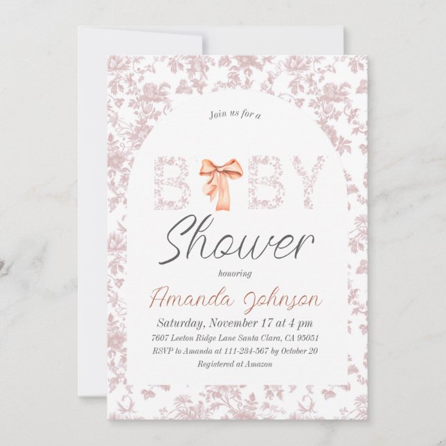 Toile Arch Blush Pink Bow Floral Baby Shower Invitation (Front)