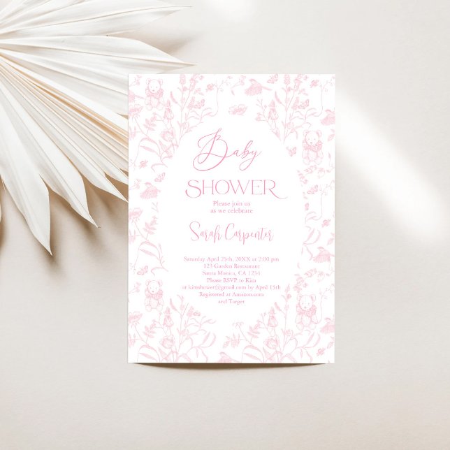 Toile Bear Baby Shower Girl Invitation (Creator Uploaded)