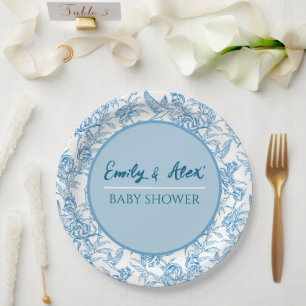 Toile bird and floral Custom Name Baby Shower I Do Paper Plate