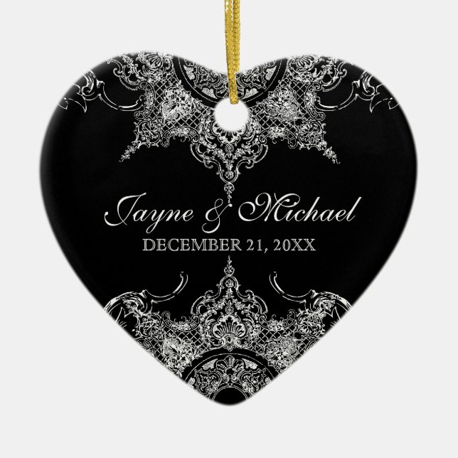 Toile Black n White Damask Swirl First Christmas Ceramic Tree Decoration (Front)