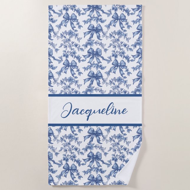 Toile Blue and White Coquette Bow Wedding Party Beach Towel (Front)