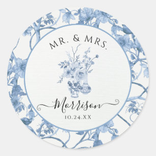 Toile Blue and White Mr and Mrs Floral Wedding Classic Round Sticker