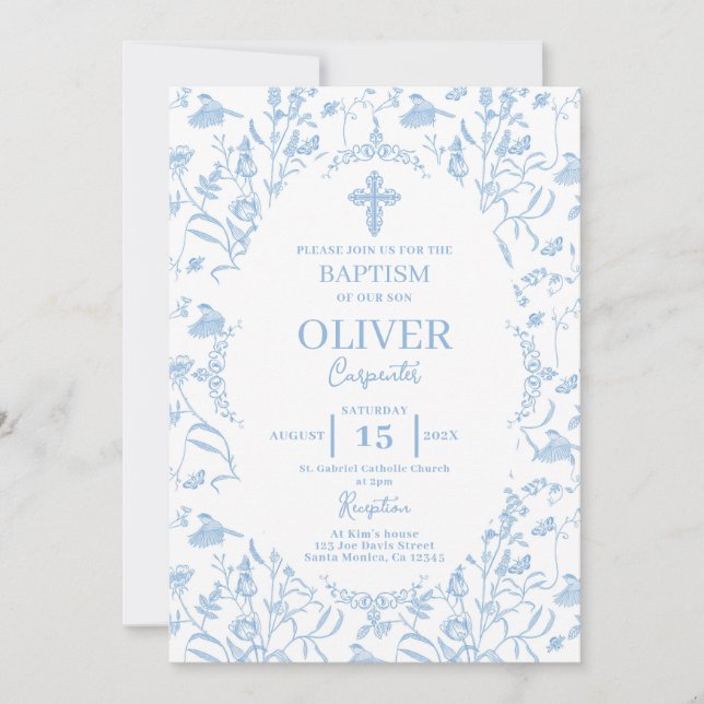 Toile Blue Baptism Invitation (Front)