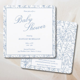Toile Blue Botanical Line Drawn Baby Shower Invitation