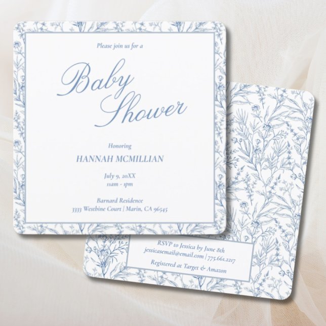 Toile Blue Botanical Line Drawn Baby Shower Invitation (Toile Blue Botanical Line Drawn Baby Shower Invitation
)