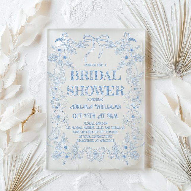 Toile Blue Bow Bridal Shower Invitation (Creator Uploaded)