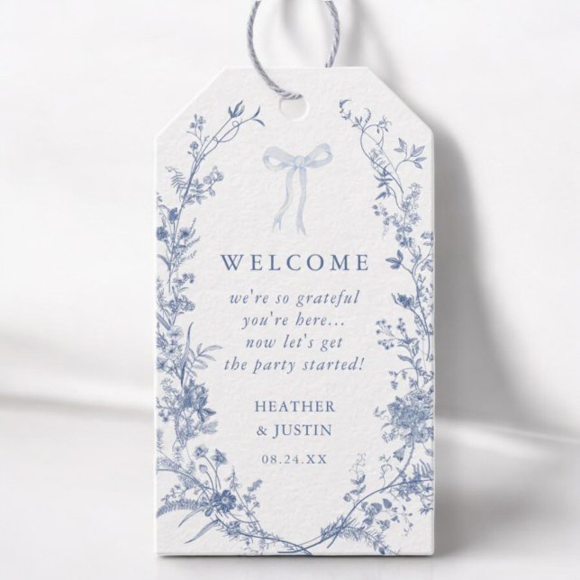 Toile Blue Bow Floral Wedding Welcome  Gift Tags (Creator Uploaded)