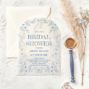 Toile Blue Floral Bow Bridal Shower Acrylic Invitations