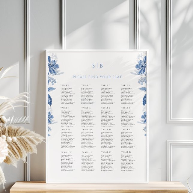 Toile Blue Floral Wedding Seating Chart Poster (Creator Uploaded)