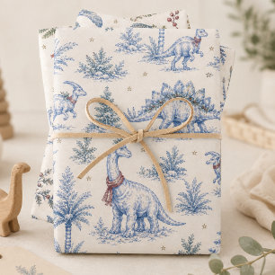  Toile Blue Prehistoric Christmas Dinosaur Wrapping Paper Sheet