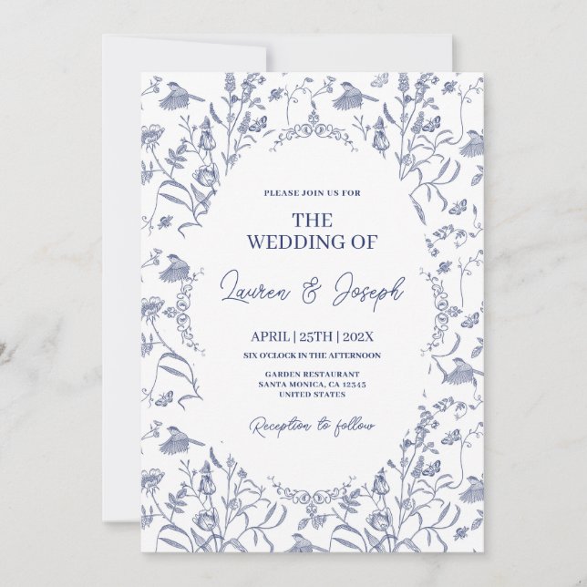 Toile Blue Wedding Invitation (Front)