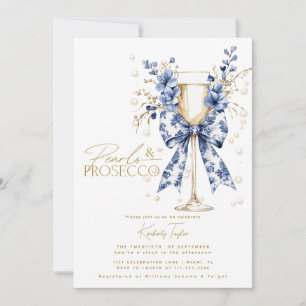 Toile Bow Floral Pearls & Prosecco Bridal Shower Invitation