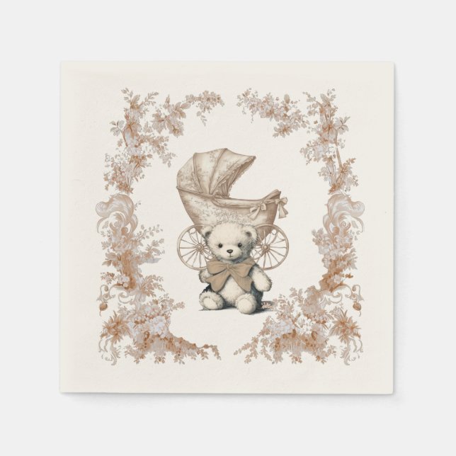 Toile Brown Teddy Bear Carriage Baby Shower Napkin (Front)