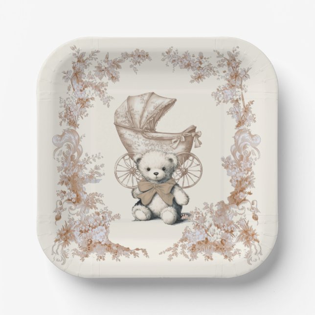 Toile Brown Teddy Bear Carriage Baby Shower Paper Plate (Front)