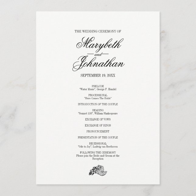 Toile & Calligraphy Wedding Program Card (Front)