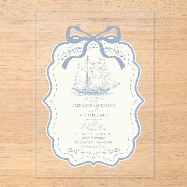 Toile Chic Nautical  Bow Wedding Acrylic Invitations (Front)