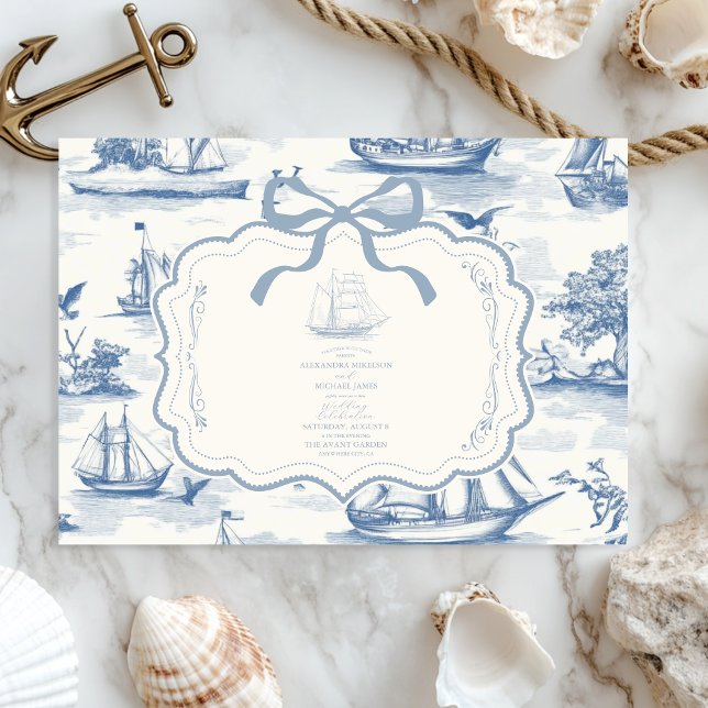 Toile Chic Nautical  Bow Wedding Invitation (Creator Uploaded)