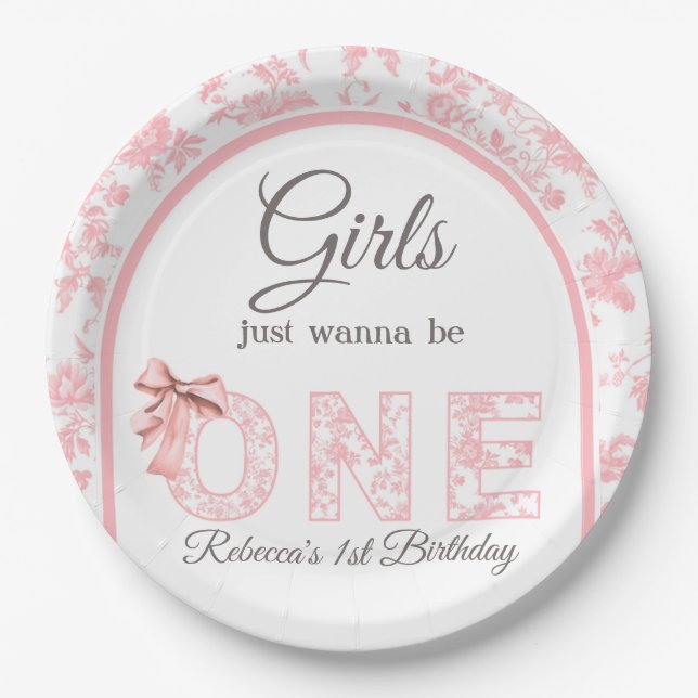 Toile Coquette Pink Bow Girl First 1st Birthday Paper Plate (Front)