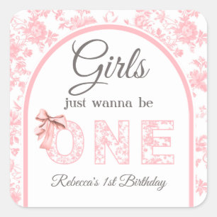 Toile Coquette Pink Bow Girl First 1st Birthday Square Sticker