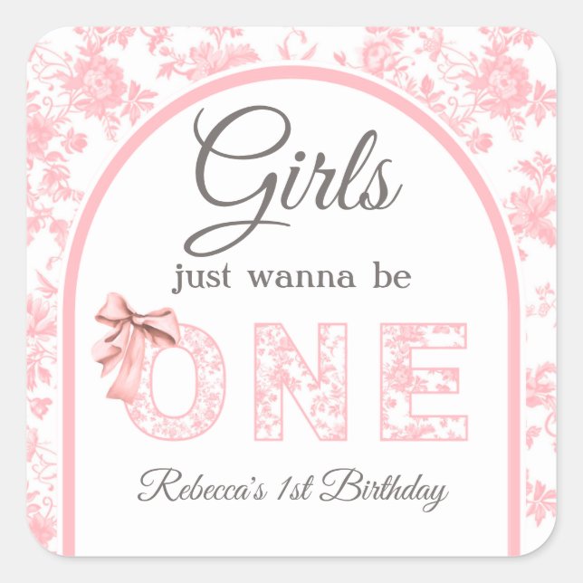 Toile Coquette Pink Bow Girl First 1st Birthday Square Sticker (Front)