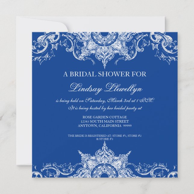Toile Damask Swirl Bridal Shower Royal Blue Invitation (Front)