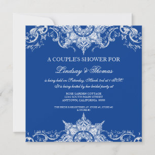 Toile Damask Swirl Couples Shower Royal Blue Invitation