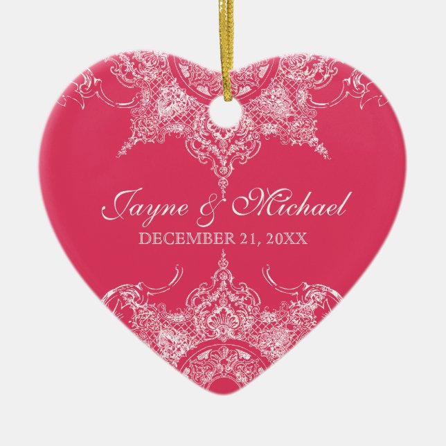 Toile Damask Swirl First Christmas Hot Pink Ceramic Tree Decoration (Front)