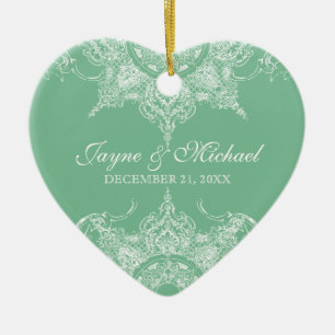 Toile Damask Swirl First Christmas Mint & White Ceramic Tree Decoration