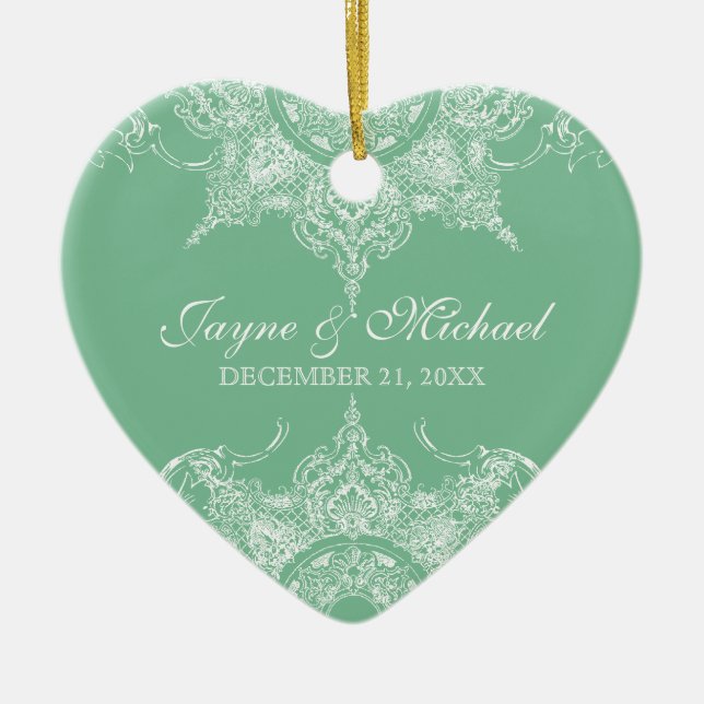 Toile Damask Swirl First Christmas Mint & White Ceramic Tree Decoration (Front)