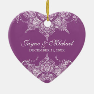 Toile Damask Swirl First Christmas Plum Ceramic Tree Decoration