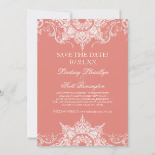 Toile Damask Swirl Save the Dates Coral PInk Save The Date