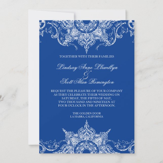 Toile Damask Swirl Wedding Invite Royal Blue (Front)